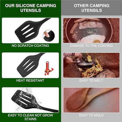 Camping Essentials Cookware Cooking Utensils Set - Portable Camp Kitchen Mess Kit Outdoor Accessories, Stainless Steel & Silicone, Camping Gear Equipment for RV Picnic Grill, Brown | Stainless Steel & Silicone Mess Kit, Durable Outdoor Kitchen Gear for Hi