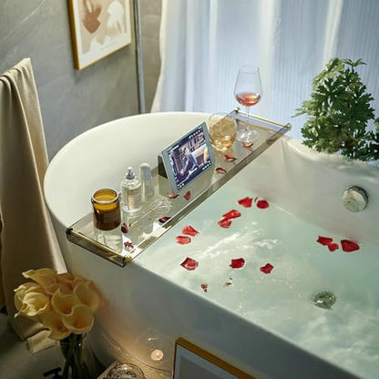 Bathtub Caddy Tray for Luxury Bathroom Bath tub Table Caddy Tray Shelf for Shower with Gold Handles fits All bathtubs - color: Black - With Handle