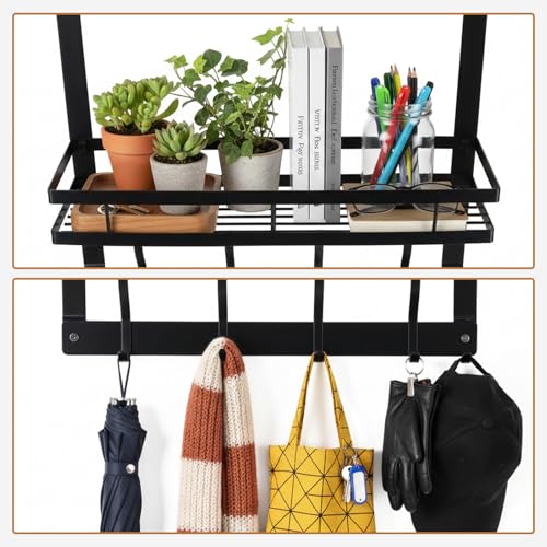 Over The Door Hooks Organizer,Coat Rack Over Door Storage Hanger | Back of Door Hanger Towel Rack with Basket for Kitchen,Bathroom,Bedroom,Black