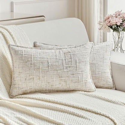 FUTEI Pack of 2 Tweed Chenille Throw Pillow Covers 12x20 Inch, Cream | Premium Chenille Front/ Smooth Velvet Back,Hidden Zipper,Machine Washable,Pilling-Resistant,Colorfast, Insert Not Included. - color: Cream, size: 20" x 12" (Pack of 2)