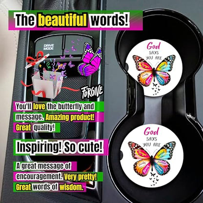 Christian Car Coasters for Cup Holders - 2 Pack Cute Butterfly Bible Verses Car Accessories for Women, Inspirational Faith Decor, Absorbent Ceramic Cup Holder Coaster for Car, Scripture Religious Gift