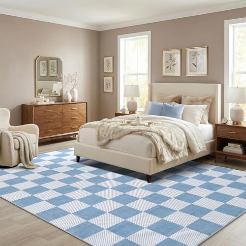 GarveeHome Checkered Blue 5x7 Washable Coastal Rug Bedroom Dinning Room | Light Blue Area Rug for Nursery Girl Room Living Room Low-Pile Non-Slip Soft Stain Resistant Geometric Rugs TPE Backing - color: Light Blue, size: 5' x 7' (Rectangular)
