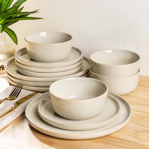 AmorArc Stoneware Dinnerware Sets for 4, 12Pcs Plates and Bowls Sets Dishes | Ceramic Round Reactive Glaze Dishes Set, Highly Scratch Resistant | Dishwasher & Microwave Safe Dishware - color: Pearled Ivory, size: Service for 4