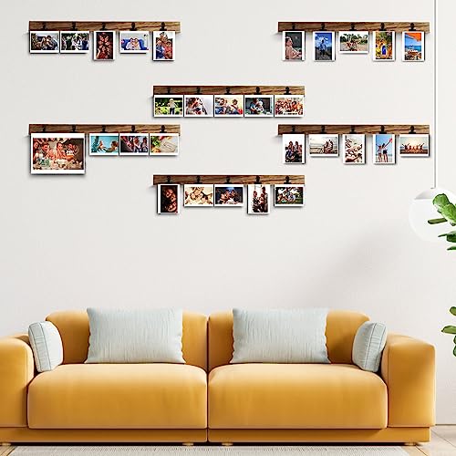 6 Wooden Wall Hanging Photo Frames With 27 Clips, Decorative Collage Picture Frame, No Drilling Required, Adhesive Stickers, Easy to Install, Carbonized Brown - color: Brown