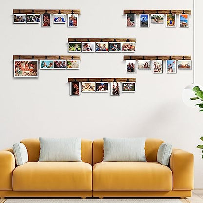 6 Wooden Wall Hanging Photo Frames With 27 Clips, Decorative Collage Picture Frame, No Drilling Required, Adhesive Stickers, Easy to Install, Carbonized Brown - color: Brown