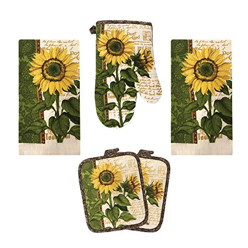Kitchen Towel 5 Piece Linen Set 2 Towels 2 Pot Holders 1 Oven Mitt (Sunflower 2) - color: Sunflower 2