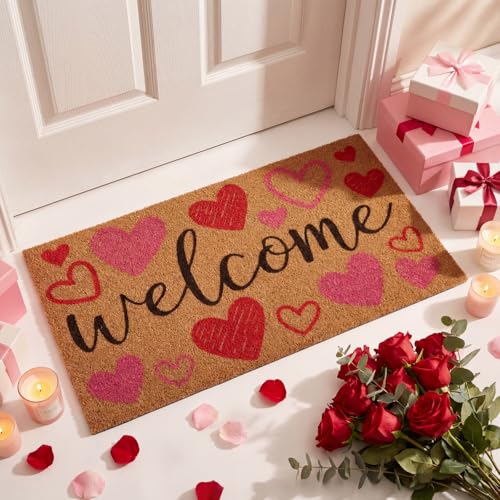 Valentine's Day Door Mat Welcome Doormats Romantic Heart Pattern Welcome Doormats Artificial Coir Non Slip Indoor Outdoor Entrance Rug for Valentine's Gift Couple Home Decoration 16.5 x 30 Inch - style: Valentine's Day