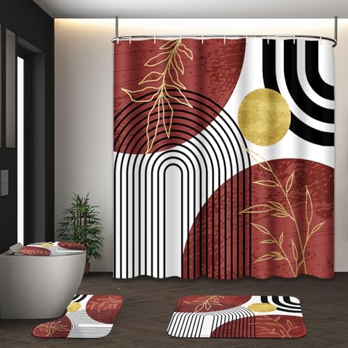 Bathroom Sets with Shower Curtain and Rugs, Geometric Boho 4 Pcs, | Mid Century Abstract Modern Bathroom Decor Set with Toilet Lid Cover, Non-Slip Bath Mats and Accessories 12 Hooks - color: Vintage Red
