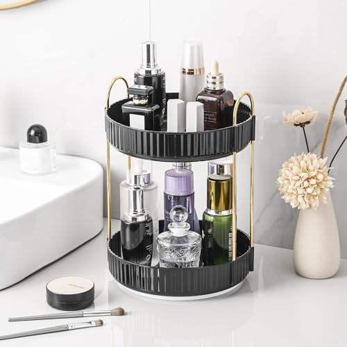 Aveniee 360 Rotating Makeup Organizer for Vanity, Skincare Perfume Organizers, 2 Tiered Bathroom Countertop Storage, Black Cosmetics Lipstick Skin Care Holder for Dresser - color: Midnight Black, size: Standard-2 Tier