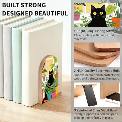 Potted Plant and Cat Wooden Bookends, Book Ends for Shelves | 1 Pair 5"x3.15" Decorative Wood Book Supports, Cute Shelf Stoppers for Heavy Books, Office Desk, Study Room & Home Decor - style: Potted Plant and Cat