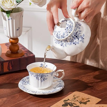 Ceramic Floral Cups with Saucers，7 oz Espresso Cups for Latte Coffee Cafe, Cappuccino and Tea (1, Little Blue Flower) - color: Little Blue Flower
