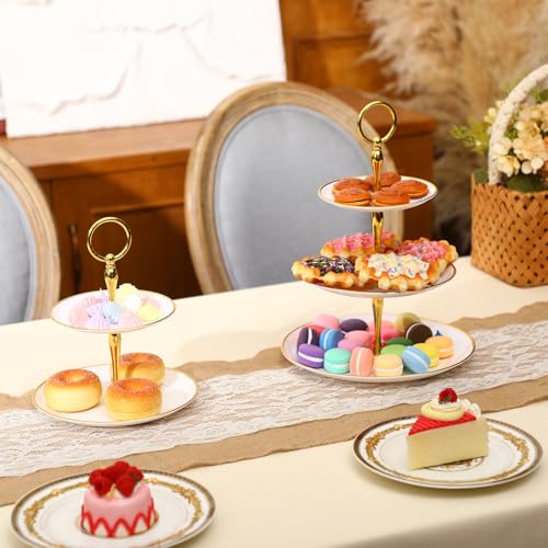 Teenyyou 16 Pack 3 Tier Cupcake Stand Bulk Tiered Dessert Stand Thick Plastic Serving Tray with Gold Edges Dessert Table Display Set Tea Cake Holder for Wedding Birthday Party (White) - color: White