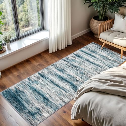 KOZYFLY Modern Hallway Runner Rug 2x5 Washable Kitchen Runner Rugs Blue | Non-Slip, Non-Shedding, Low Pile Soft, Abstract Striped, For Hall Entryway Bathroom Laundry Bedroom Foyer - color: Blue, size: 2' x 5' (Runner)