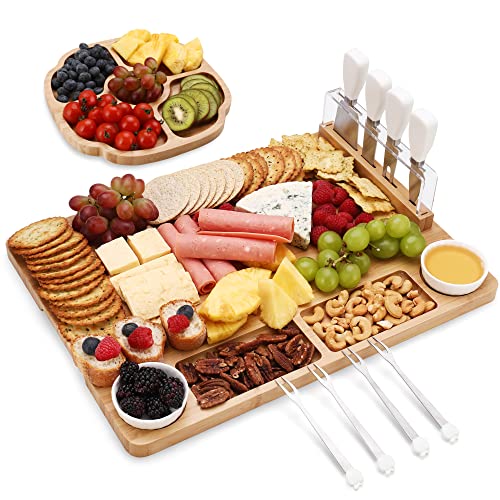 hecef Large Charcuterie Board Set of 13, A Bamboo Cheese Board and Snack Tray, 2 Ceramic Bowls, 4 Server Forks, 4 Knives Set, Appetizer Platter for Birthdays, Weddings, Housewarming, Feast - style: with Snack Tray