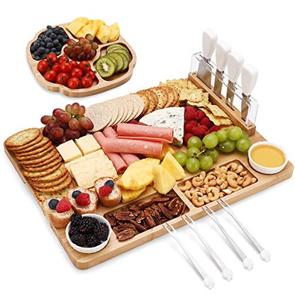 hecef Large Charcuterie Board Set of 13, A Bamboo Cheese Board and Snack Tray, 2 Ceramic Bowls, 4 Server Forks, 4 Knives Set, Appetizer Platter for Birthdays, Weddings, Housewarming, Feast - style: with Snack Tray
