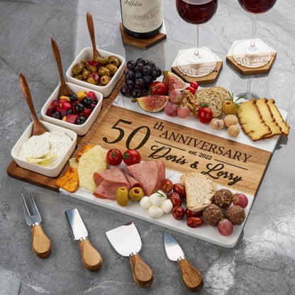 AWESOMETIK Personalized Corporate Gift, Client Gifts, Acacia Wood & Marble Charcuterie Board – Engraved Cheese Board Set – Realtor Closing, Employee Appreciation, Custom Company Gifts, Thank you Gifts