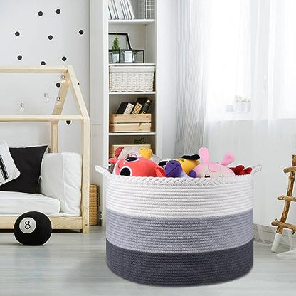 COMSE Large Woven Blanket & Laundry Basket, 87L, White & Gray | 21.7" x 13.8", Cotton Rope, Nursery Hamper for Storage of Toys Clothes Towels, Ideal for Living Room Bedroom Bathroom - color: White & Light Gray & Dark Gray