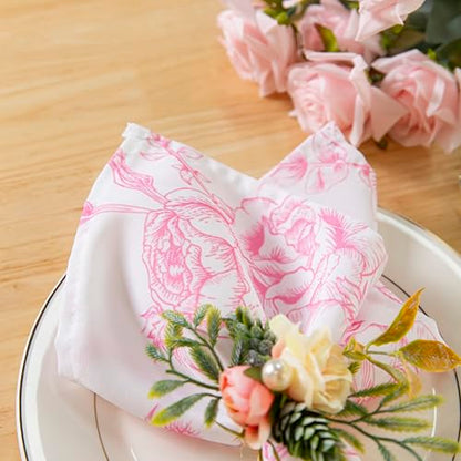 PLOYMONO Pink Floral Cloth Napkins - 8 Pack 17" x 17" Polyester Napkins | Heavy Duty 180 GSM Cloth Napkins with Hemmed Edges - Great for Restaurants, Weddings, Parties, Banquets Dinner - color: Pink Floral