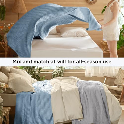 Bedsure Lightweight 100% Cotton Waffle Blanket, Throw XL, Celestial Blue | Summer, Breathable, Soft, Comfort, Light, Thin, Textured, Bed, Couch, Sofa, Chair, 50"x70", Sheet Blanket, Cozy Gifts - color: Celestial Blue, size: Throw Xl (50" X 70")