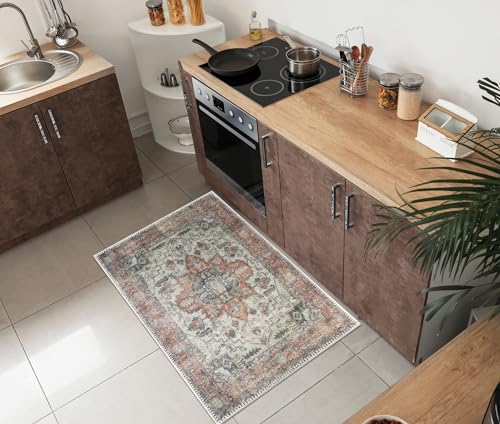 Keen Home Design Vintage Washable Area Rug, Non-Slip Low Pile, 6x9 | Machine Washable Cotton Chenille, 0.25In Low Pile, Rubber Non-Slip Back; Living Room, Dining Room, Bedroom, Office - color: Orange/Offwhite, size: 2' x 3' (Rectangular)