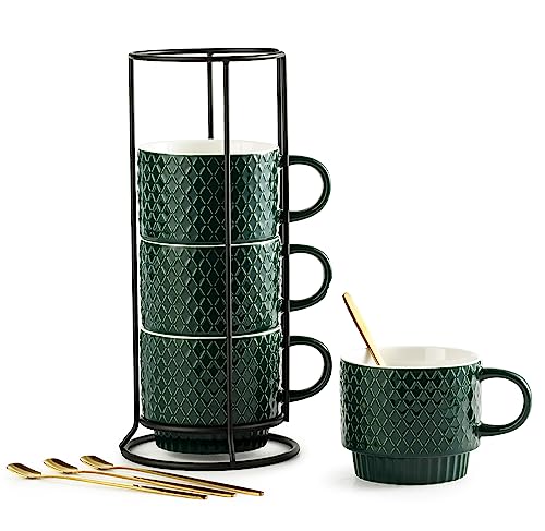 LYEOBOH Coffee Mug Set Porcelain Stackable Coffee Mugs with Stand and Spoons, 13 OZ. Cappuccino Cup Demitasse Cups for Drinks, Espresso, Latte,Set of 4, Dark Green - color: Dark Green