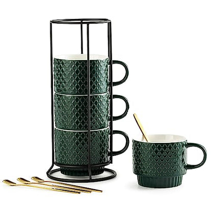 LYEOBOH Coffee Mug Set Porcelain Stackable Coffee Mugs with Stand and Spoons, 13 OZ. Cappuccino Cup Demitasse Cups for Drinks, Espresso, Latte,Set of 4, Dark Green - color: Dark Green