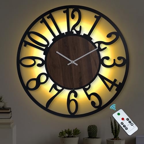 LEIKE Large Wall Clock 30'' Lighted Rustic Wood Clock with Remote Timer, Silent Battery Operated Modern Oversized Wall Clock for Living Room, Bedroom, Farmhouse, Home Decor, Large Number Display - color: Brown-arabic, size: 30 Inch