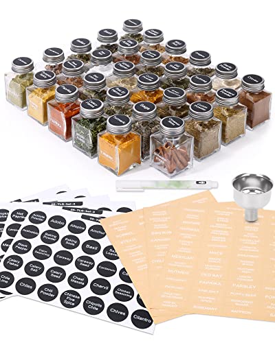 MIUKAA Unique Design Spice Jars with 372 Labels, 29-Pack 4.5 oz Personalized Cubic Clear Glass Spice Jars with Shakers, Lids, Empty Square Reusable Kitchen Storage Containers
