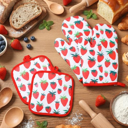 4 Pcs Oven Mitts and Pot Holders Cute Strawberry Oven Gloves and Pot Holders Non Slip Heat Resistant Ovens Mitts for Cooking Baking Accessories Fruit Themed Kitchen Linens, 6"x12"