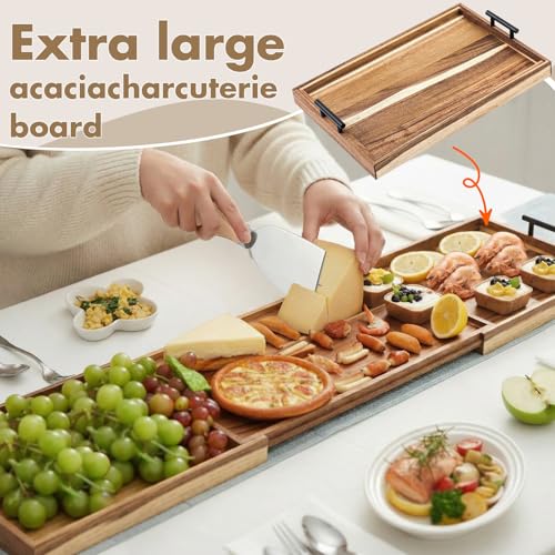 Lounsweer Acacia Large Charcuterie Board with Handles and Knife Set Expandable 19.6 to 36 Inch XL Wood Serving Tray Long Cheese Platter for Party Gatherings Entertaining House Gift(Double-Side Pull) - size: 19.6 to 36 Inch