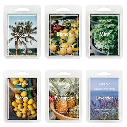 Maracco Summer Fruit Scented Wax Melts, Soy Wax Cubes for Wax Warmer | Scentsy Wax Melts, Coconut Vanilla, Pineapple, Lemon, Lavender, Mango, Mint, 6x2.5 oz - color: Fruit Plants