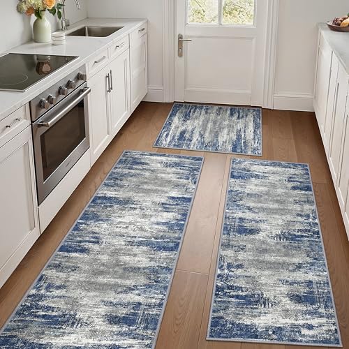 GENIMO Kitchen Rugs Set of 3, Washable Non Slip Kitchen Mats for Floor | 20"x32"&20"x48"&20"x59", BlueIvory vintage abstract rug, soft faux cashmere, low pile, easy-clean for laundry - color: Blue Ivory, size: 20"x32"+20"x48"+20"x59"