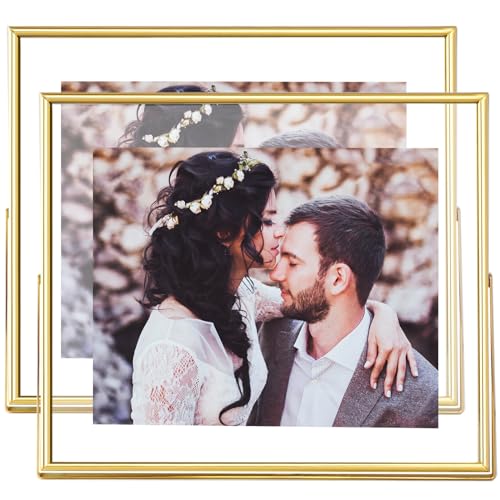8x10 Floating Picture Frames Set of 2, Made of Metal and Double Real Glass, for Photo Size up to 10x12, Tabletop Display Home or Wedding Decoration (Horizontal Gold) - color: Gold (Horizontal), size: 10x12 for 8x10 (2 Pcs)