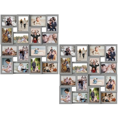 J.M.Deco 2 Pack - 16 Opening Picture Frames Collage Wall Decor, for 4x6 Photo Frame, One-Piece, with Metal Hooks -Grey - color: Grey * Square