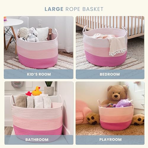 OrganiHaus Round Toy Basket & Blanket Basket, Cotton Rope 20x13" | 3-Toned Pink - Round Cotton Rope Basket, 20x13" - color: 3-toned Pink, size: Wide