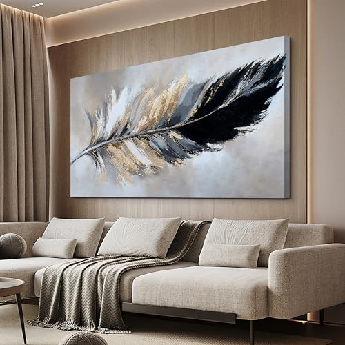 YISXINOAG Canvas Art Wall Decor Modern Abstract Wall Decor Canvas Wall Art for Bedroom Home Artwork Prints Modern Home Decorations Black and Gold Minimalist Feather Abstract Art Size 20"X40" - color: grey golden, size: 40"L x 20"W