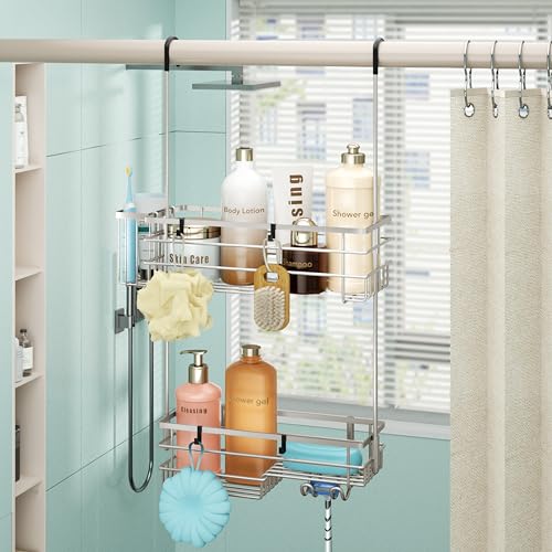 HapiRm Hanging Shower Caddy Organizer - No Drilling Shower Shelves with Hooks and Toothbrush Holder, Rustproof 304 Stainless Steel Bathroom Organizer - Brushed Nickel - color: Brushed Nickel