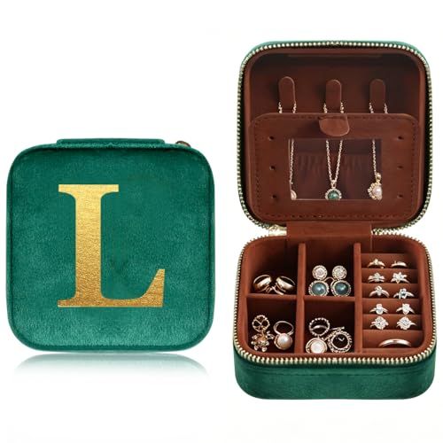 Personalized Jewelry Box Travel Jewelry Case For Women Vintage Green Plush Velvet Gifts For Family Member Friends For Carrying During Short Trips Business Trips Travel Essentials Letter L - color: L