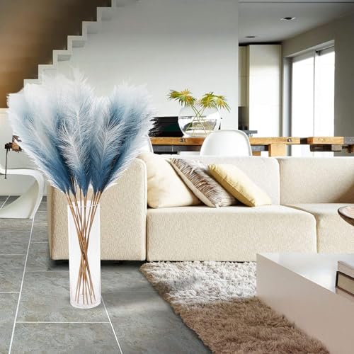 12PCS Faux Blue Gradient Pampas 38" Tall for Floor Vase | Fluffy Tall Large, Faux Pampas Grass, Fake Pompas, Artificial Pompous Grass, Floor Vase Filler - color: Navy Blue Gradient