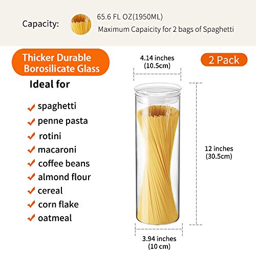 ZENS Glass Spaghetti Storage Container, 65oz Tall Glass Jars Set of 2 | Borosilicate Glass Canisters with Airtight Lids, Spaghetti Pasta Airtight Storage Jars for Kitchen Pantry - size: 9.1-65.5oz 2Pack