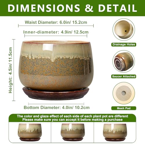 Ceramic Pots for Plants - 6 Inch Plant Pot Indoor with Drainage and Saucer, Round Planters for Succulent Snake Plants, Decorative Flower Pot, Home Decor, Plant Lover Gifts, Brown-Beige