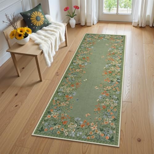 Wonnitar 2x6 Washable Runner Rug, Green Floral Hallway Runner, Boho Botanical Kitchen Rug, Non Slip Bedroom Runner for Side of Bed, Farmhouse Laundry Bathroom Decor (2x6 Green) - color: Green, size: 2' x 6' (Rectangular)