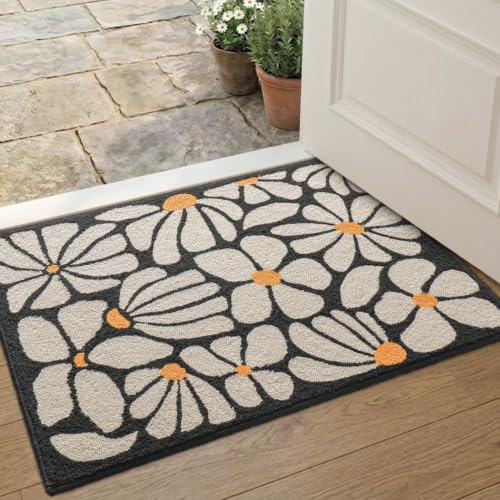 DEXI Front Door Entryway Mat 24x36, Non Slip Entry Doormat, White Floral | Washable Low Profile Inside Entrance Rugs, Hand Hooked Loop Pile Welcome Mats Dirt Trapper for House Floor, Garage, Patio - color: White Floral, size: 24" X 36" (Rectangular)