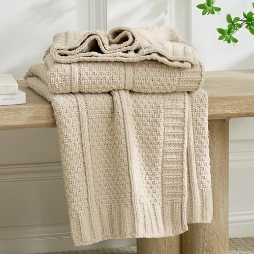Chenille Throw Blanket for Couch, Soft Cozy Chunky Knit Blanket, Moss Stitch Throw for Sofa, Bed, Living Room, Lightweight Warm Home Decor, Beige 60"x80" - color: Beige, size: 60" X 80"