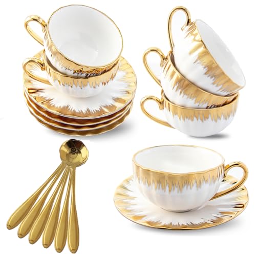 CHANJOON 6 Teacups Tea Tray Spoon Set, 6oz with Galvanized Gold Rim and Gift Box, Ceramic White English Coffee Teacup (gold, medium) - color: Gold, size: medium