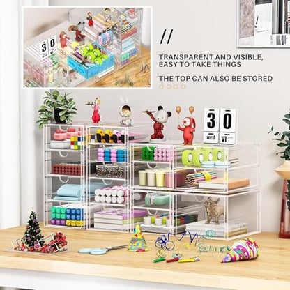 4-Pack Acrylic 16-Drawer Storage & Makeup Organizer for Desk | Smooth-glide drawers, clear acrylic, stackable, dustproof, wipe clean, for office supplies, pens, jewelry, makeup - size: 16 Drawers
