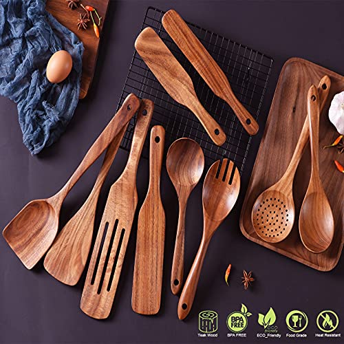 Wooden Spoons for Cooking,GUDAMAYE 10 PCS Wooden Kitchen Utensils Set,Wooden Cooking Utensils For Non-stick Pan,Teak Wood Utensils Set,Spurtles Kitchen Tools As Seen On Tv - size: 10 PCS
