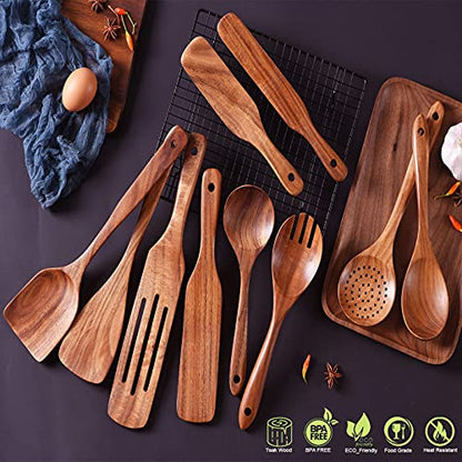 Wooden Spoons for Cooking,GUDAMAYE 10 PCS Wooden Kitchen Utensils Set,Wooden Cooking Utensils For Non-stick Pan,Teak Wood Utensils Set,Spurtles Kitchen Tools As Seen On Tv - size: 10 PCS