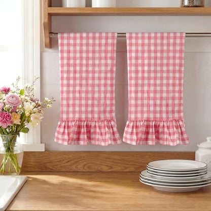 HunnmingRe Watermelon Pink Kitchen Towels Set of 2, 100% Cotton Ruffled Gingham Dish Towels 18"x28" Tea Cloths Classic Plaid Pattern for Farmhouse Charm, Drying Dishes, Entertaining Guests - color: Watermelon Pink, style: Gingham