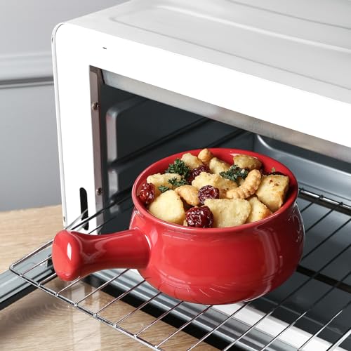 vicrays French Onion Soup Bowls With Handles, 26 Ounce for Soup, Chili, Beef Stew, Chip Resistant, Dishwasher Microwave Safe, Set of 4 (Red) - color: Red